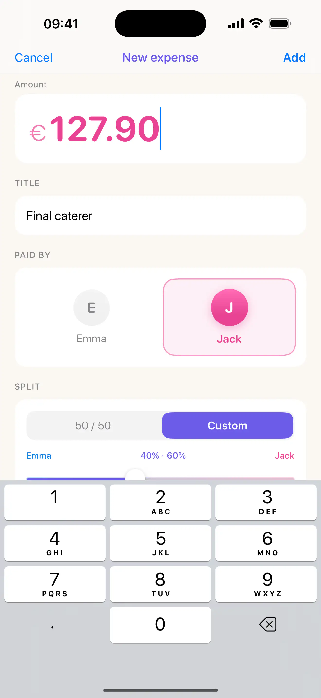 DuoSpend new expense form with amount, title, payer, and custom split