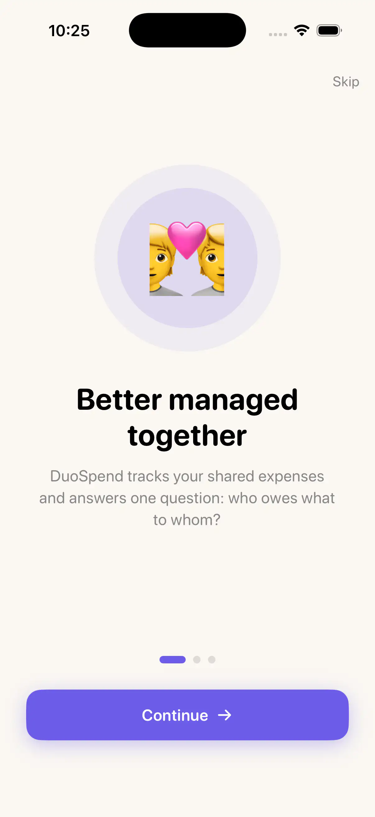 DuoSpend onboarding screen explaining shared expense tracking