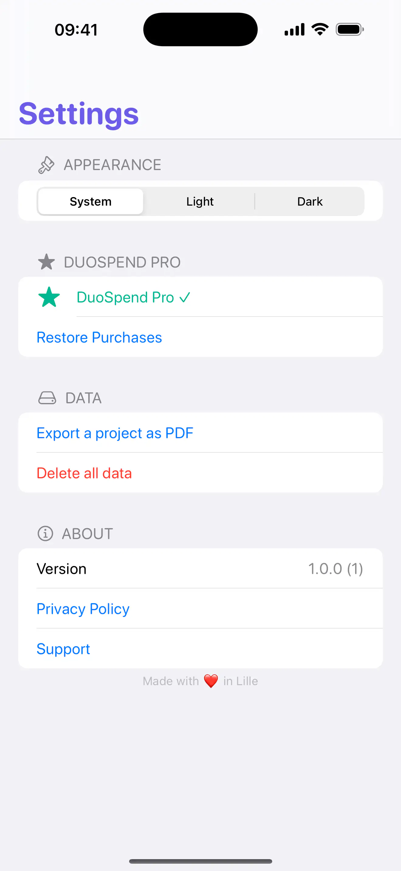 DuoSpend settings screen showing Pro access, PDF export, privacy, and support