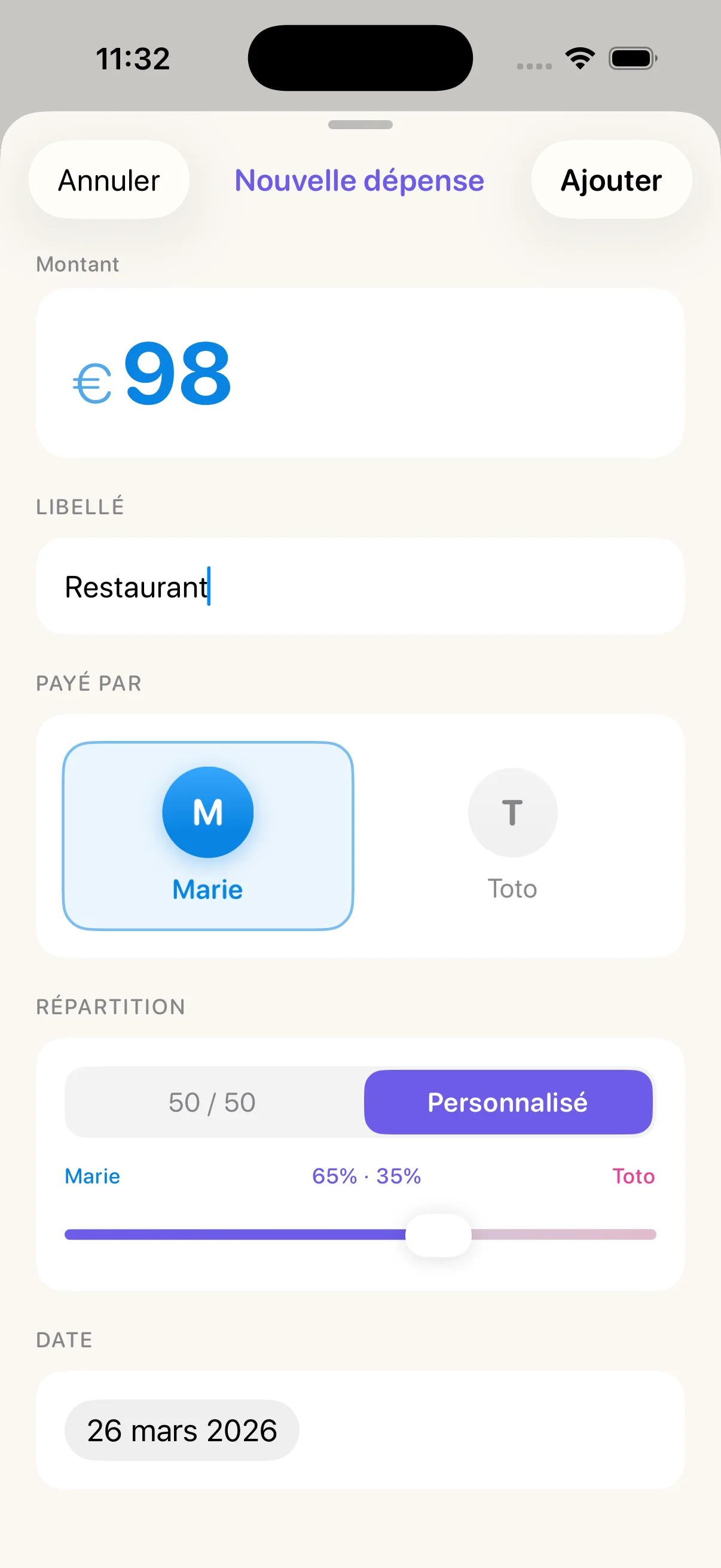 Aperçu de l’ajout d’une dépense dans DuoSpend