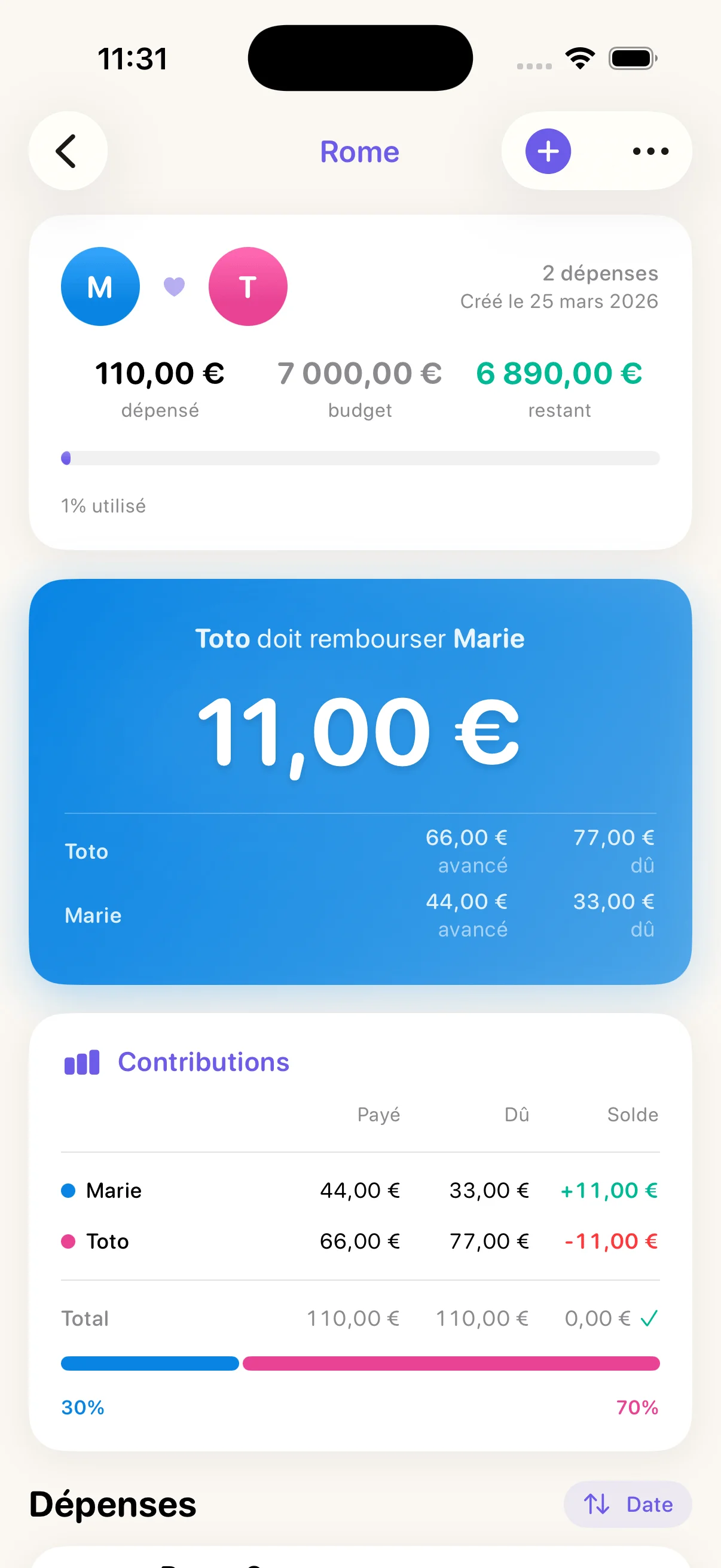 Aperçu de la première dépense dans DuoSpend