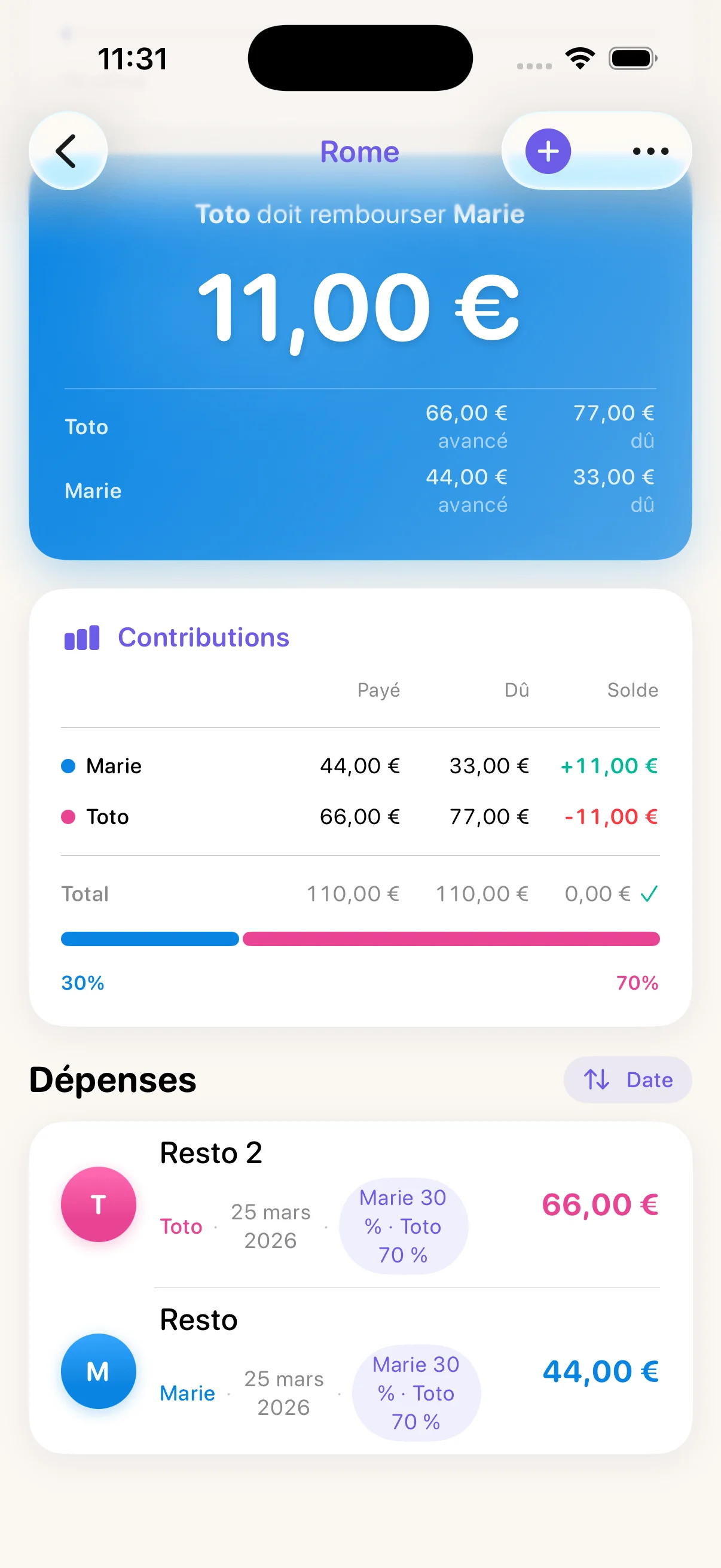 Aperçu de la seconde dépense dans DuoSpend