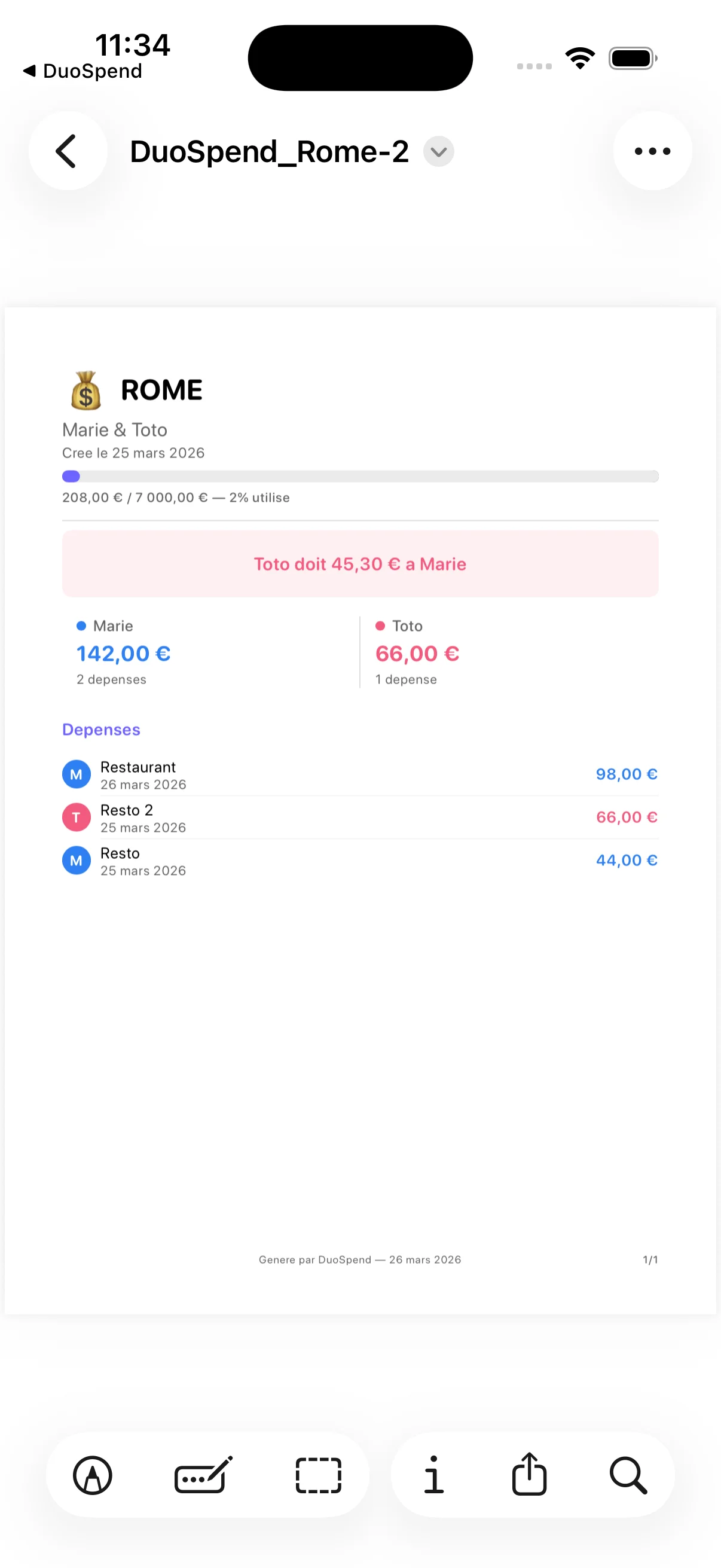 Aperçu de l’export PDF dans DuoSpend