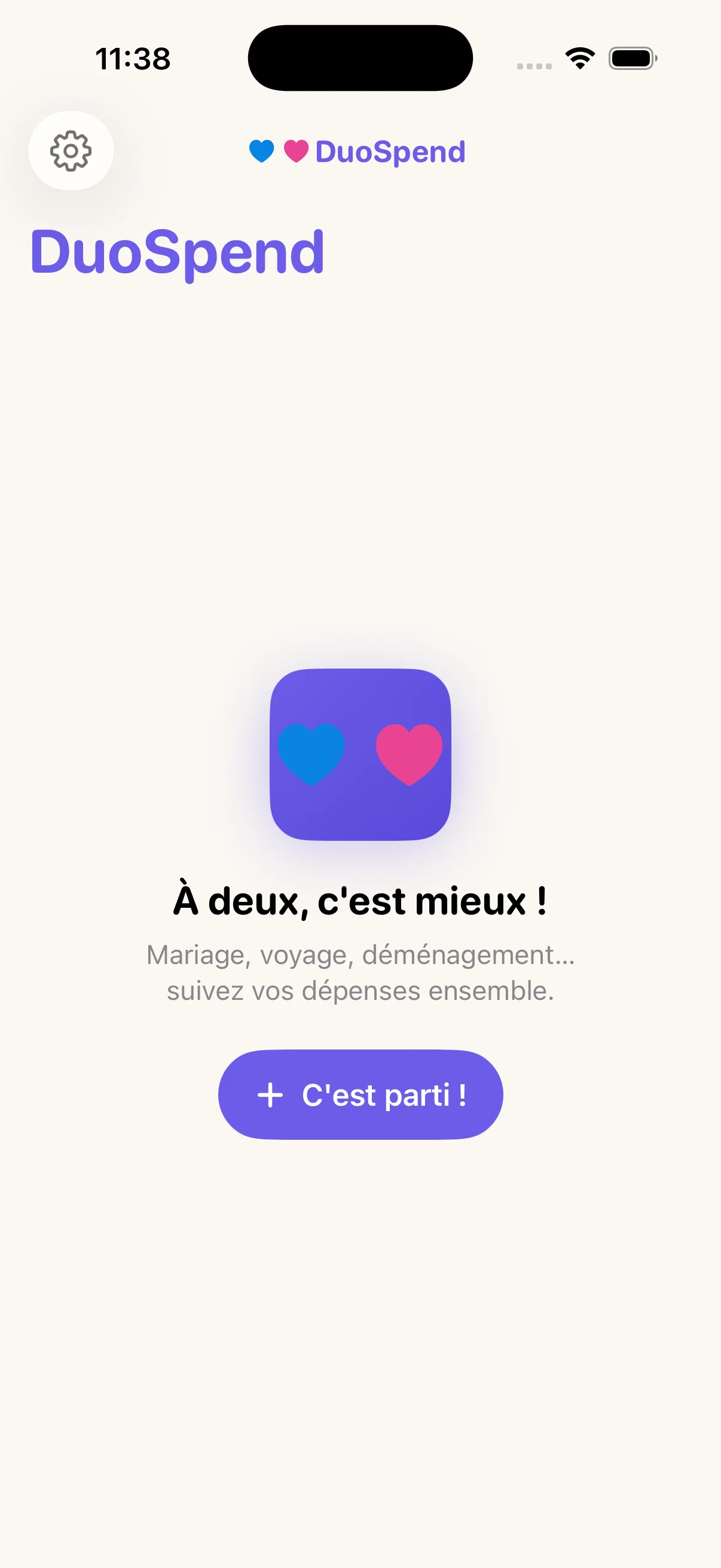 Écran d'accueil de DuoSpend sur iPhone 15