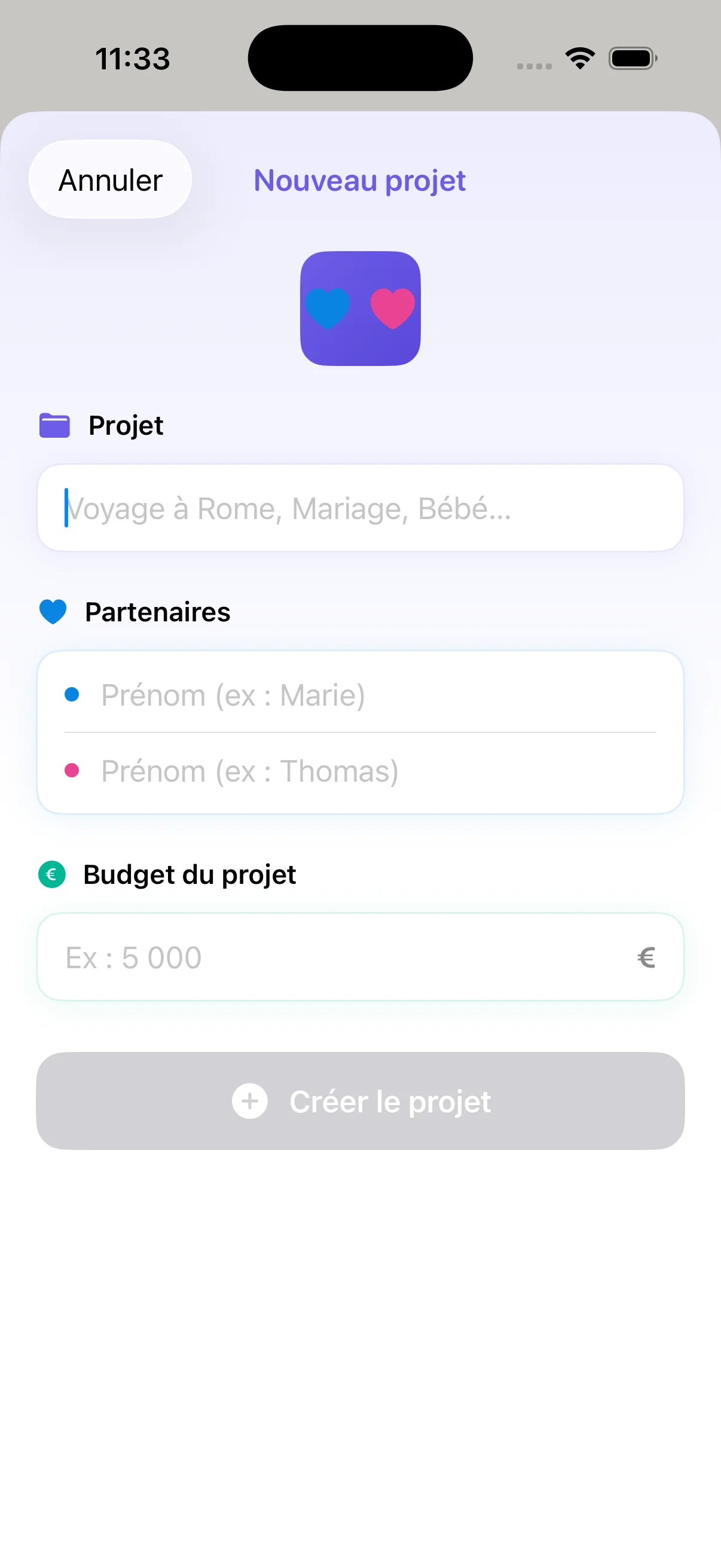 Aperçu de la création d’un projet dans DuoSpend