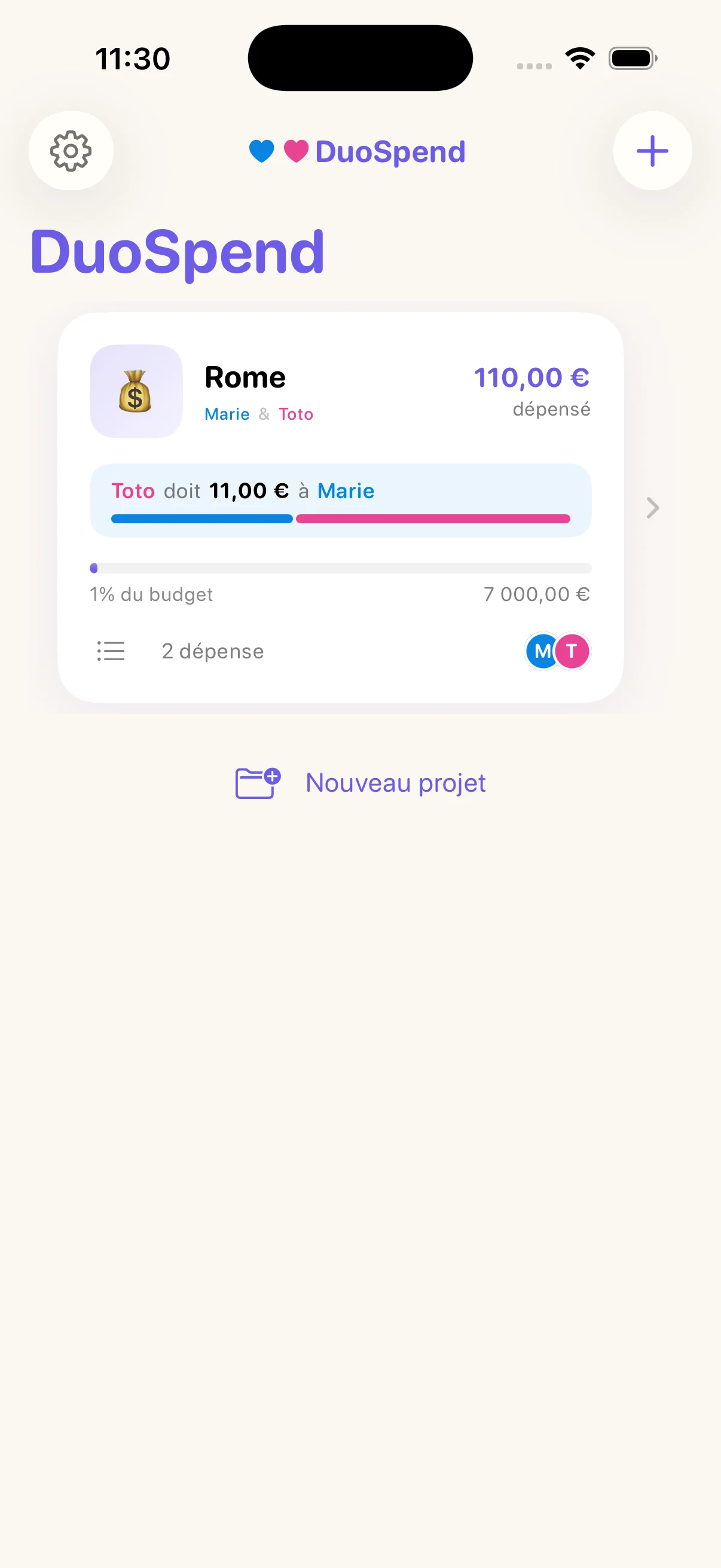 Aperçu de l’écran résumé DuoSpend