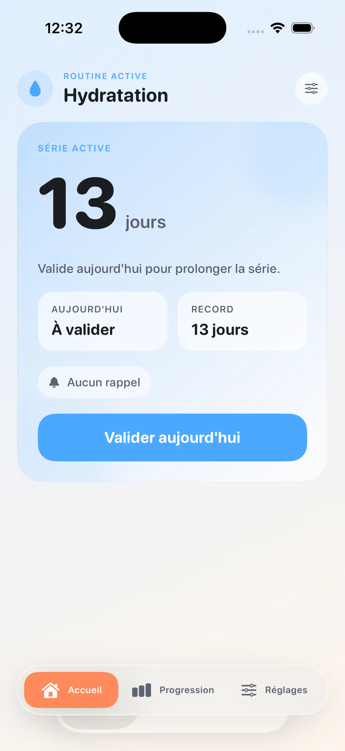 Écran principal FocusOne avec validation de la routine du jour