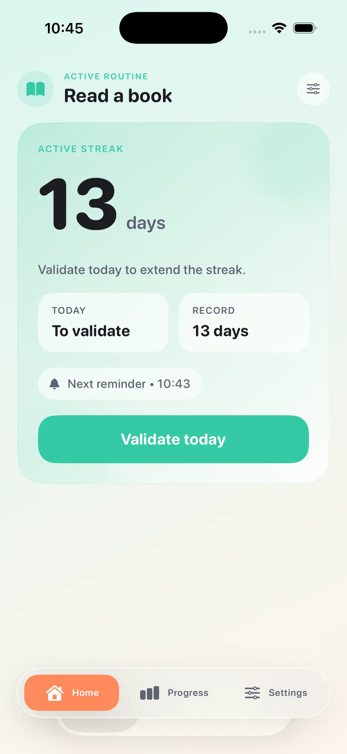 FocusOne main screen with daily check-in