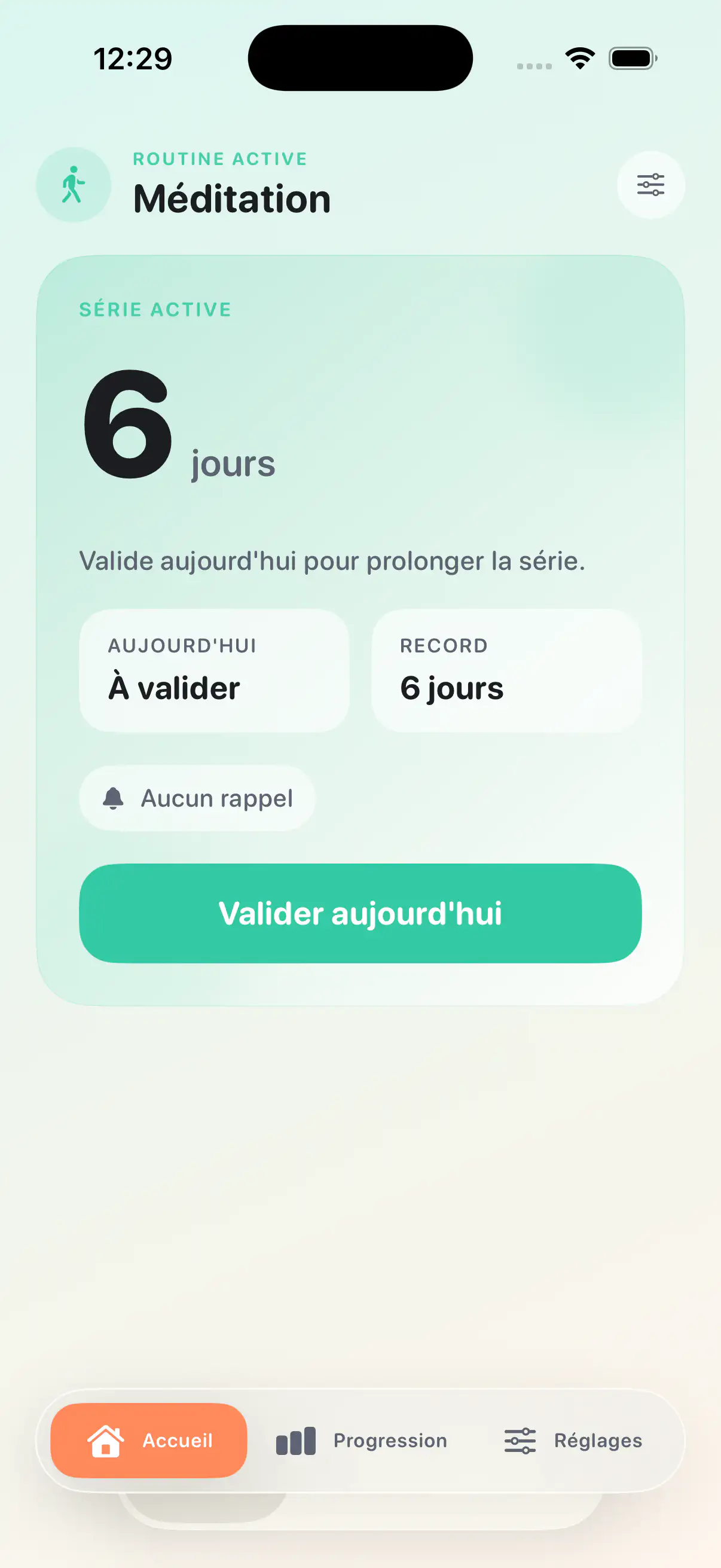 Écran principal FocusOne avec validation de la routine du jour