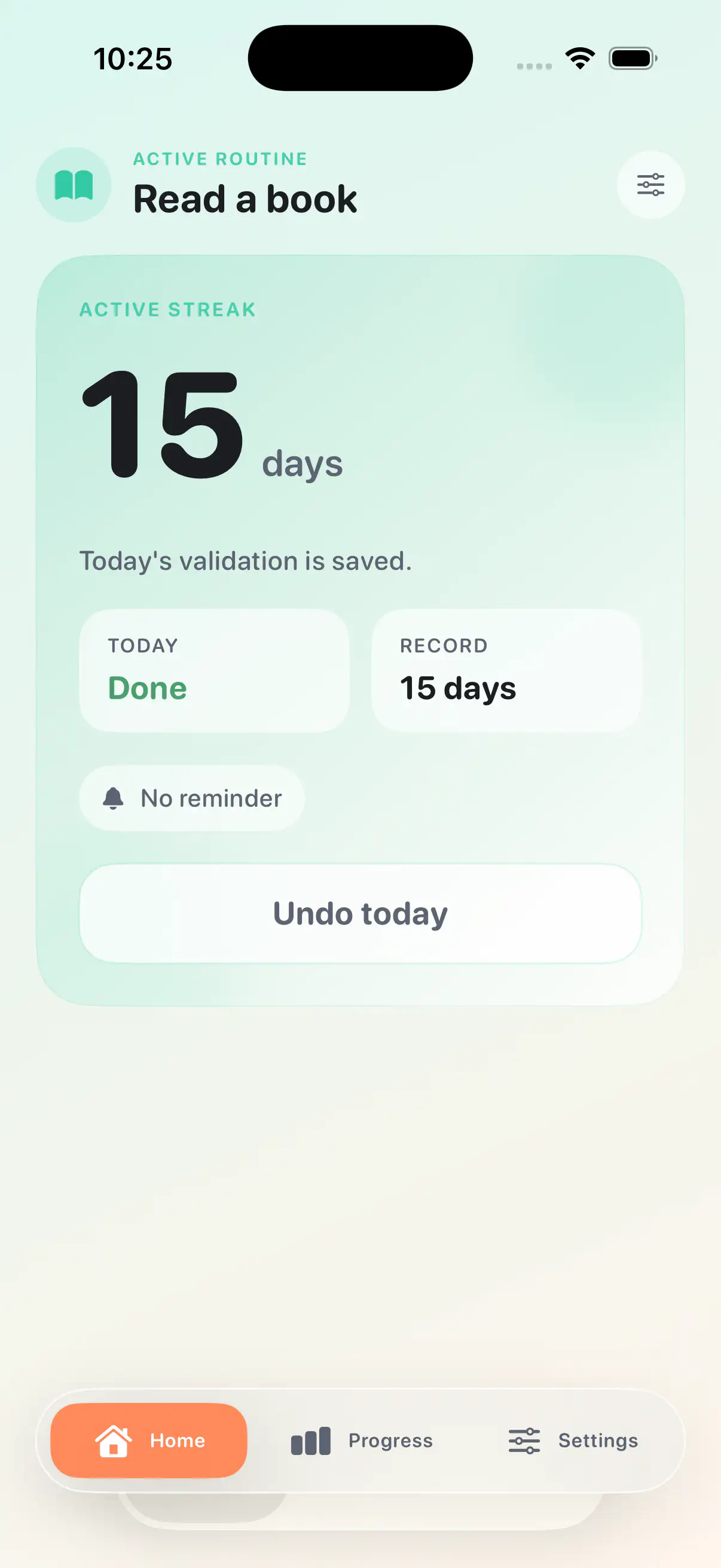 FocusOne main screen with daily check-in