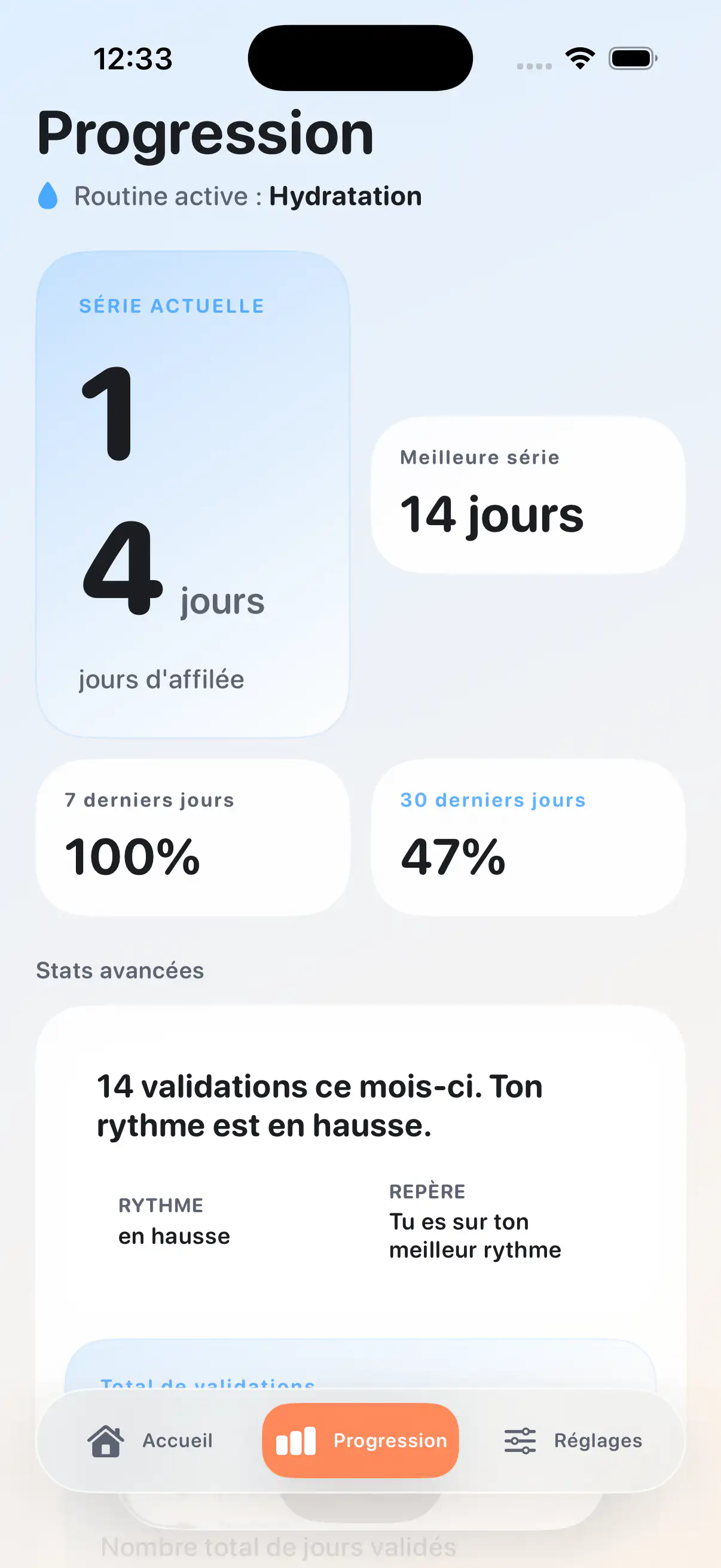 Vue du streak et de la progression dans FocusOne