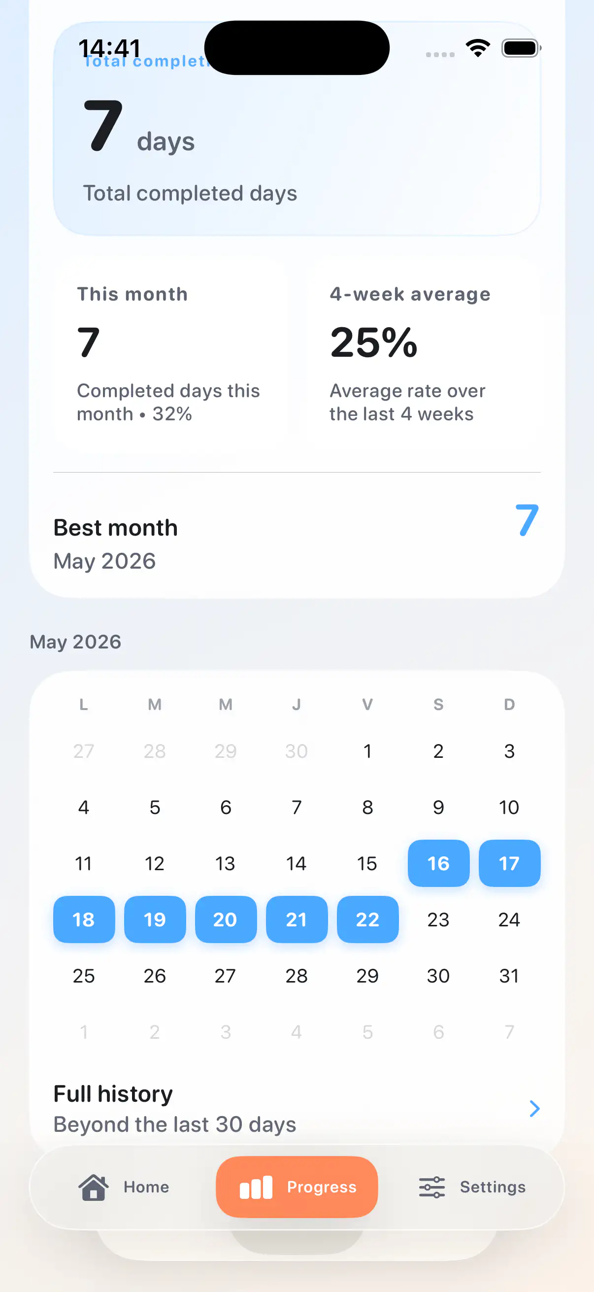 FocusOne monthly stats and progress calendar