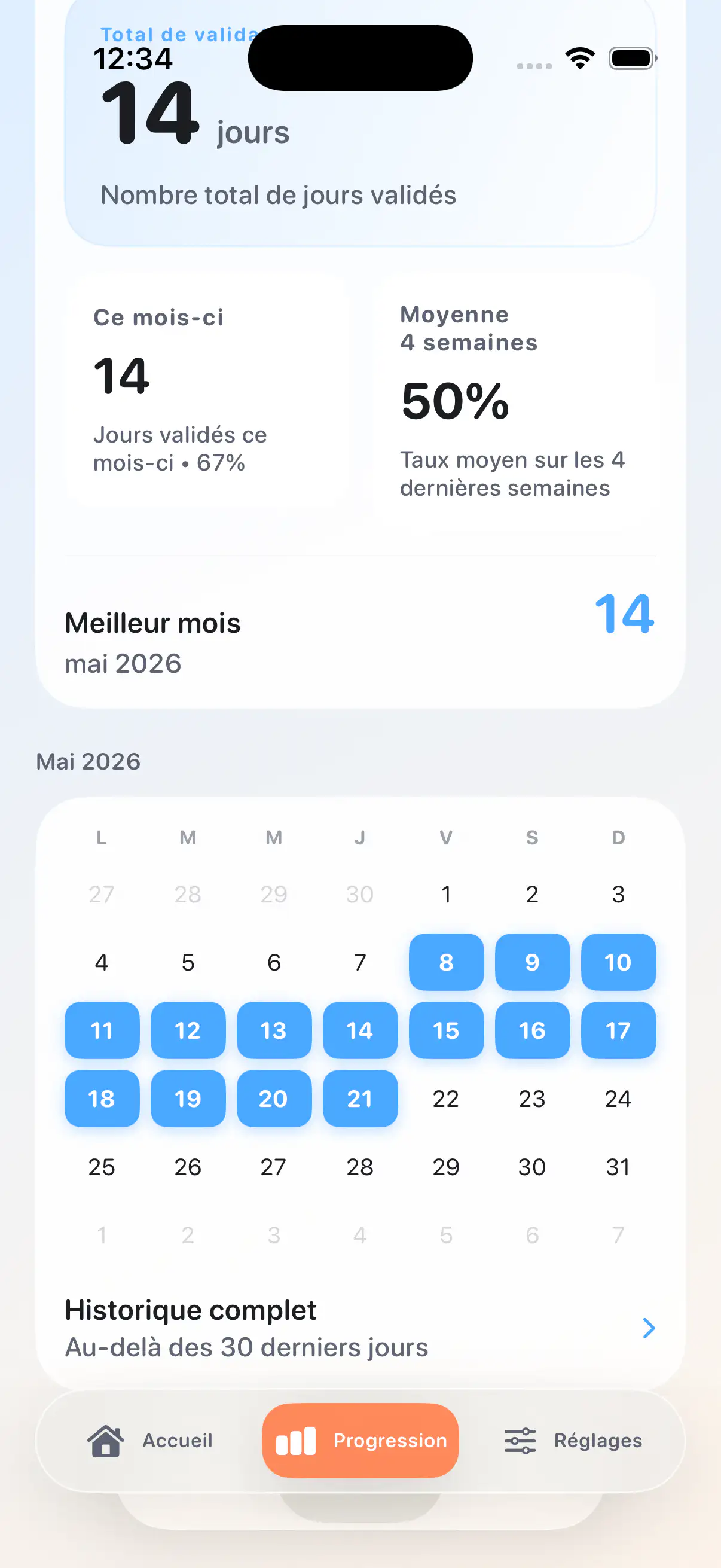 Statistiques mensuelles et calendrier de progression dans FocusOne