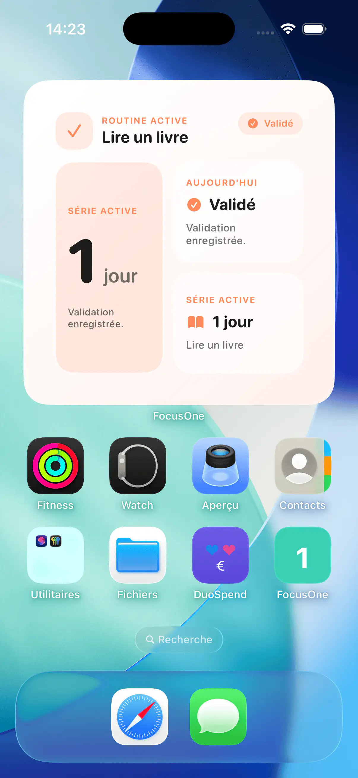 Widget iOS FocusOne affichant la routine active