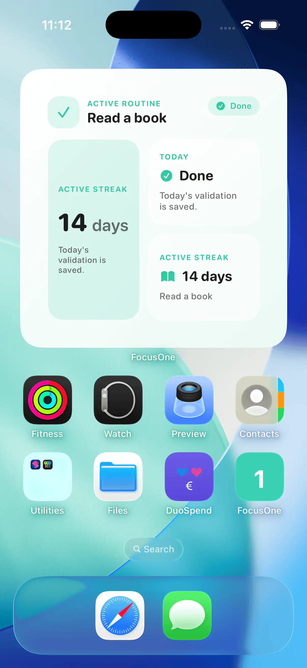 FocusOne iOS widget showing active routine