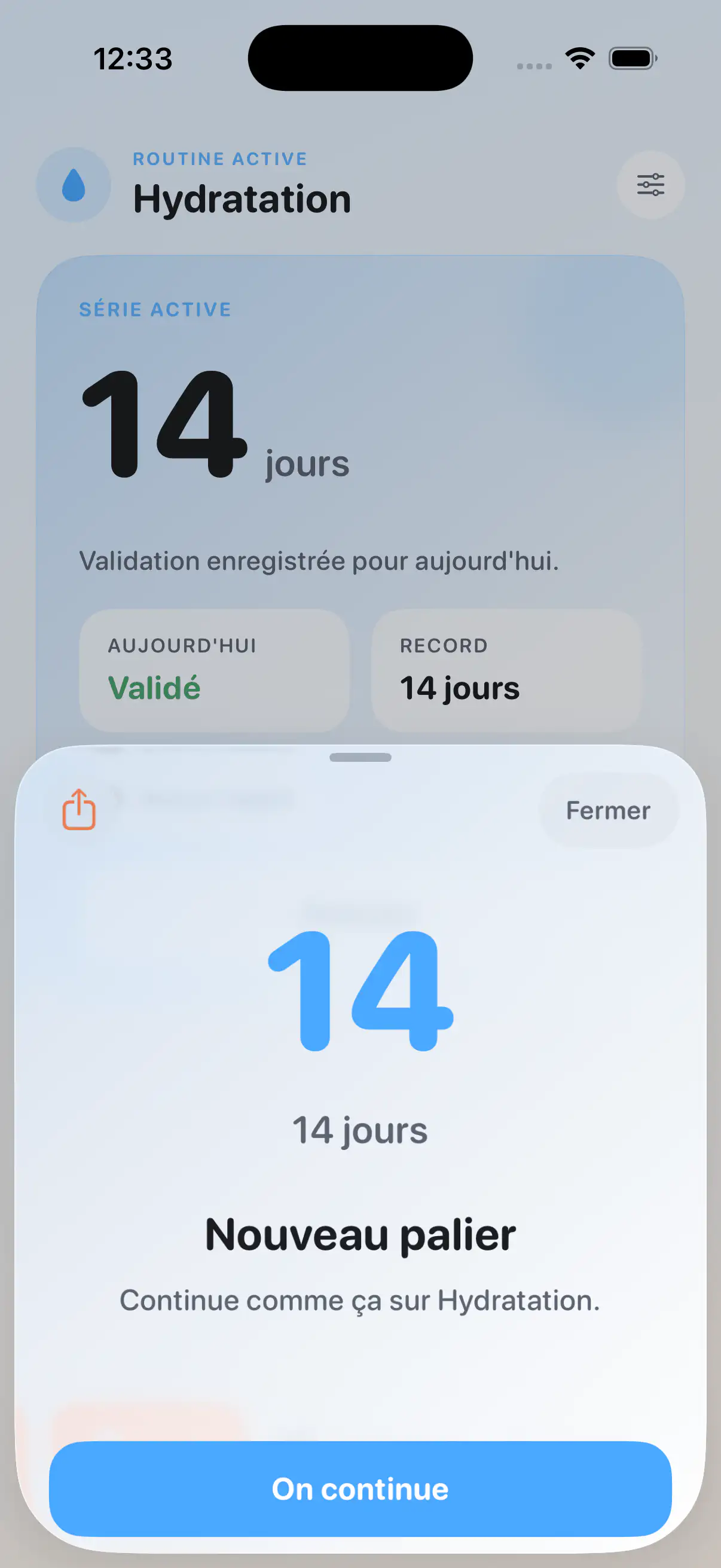 Écran FocusOne célébrant un palier de streak atteint