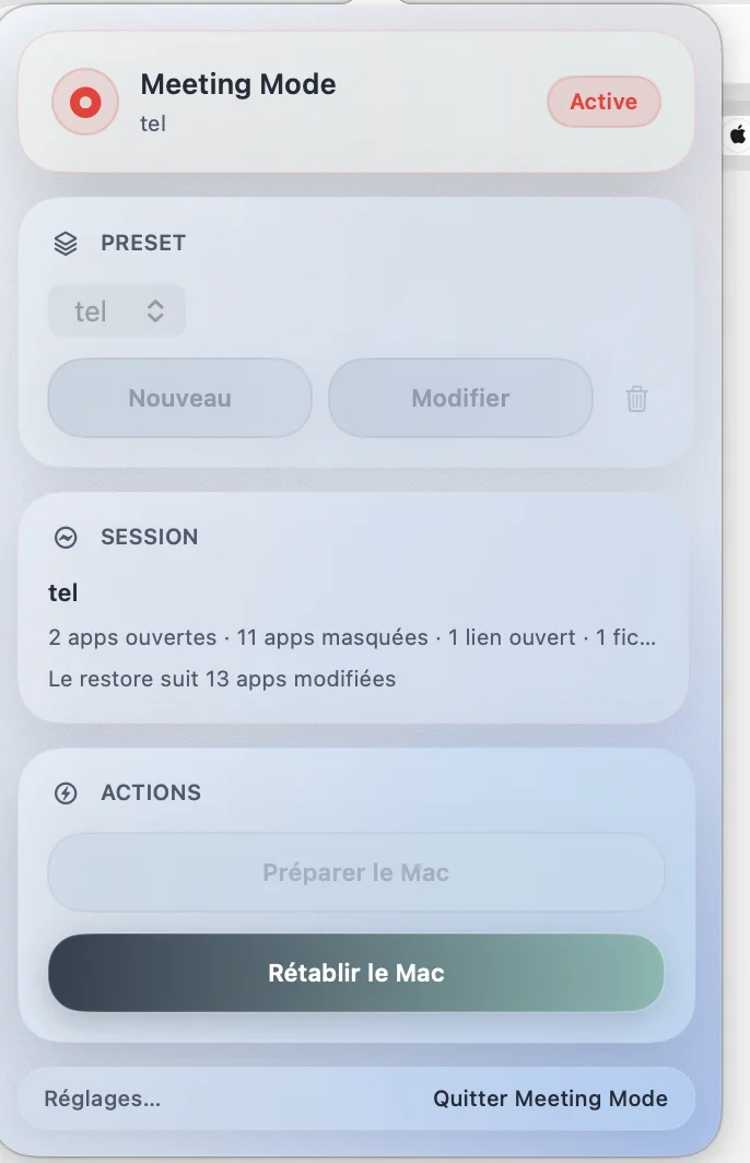 Session Meeting Mode active sur macOS