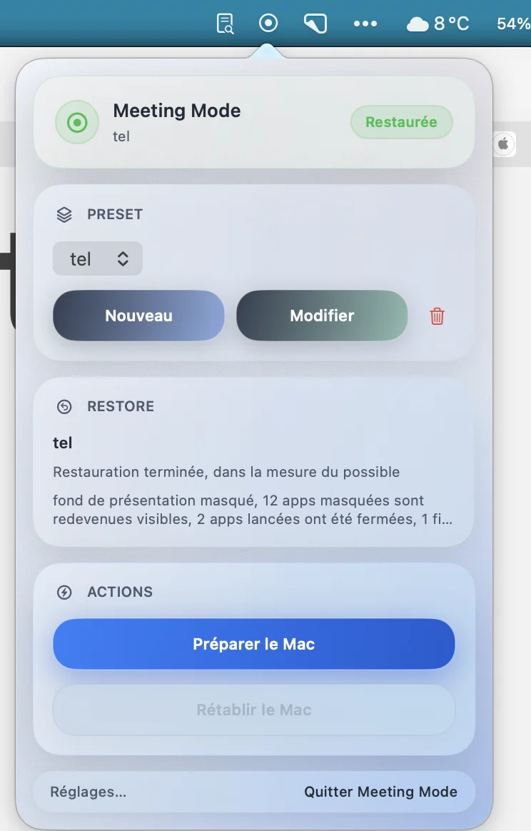 Écran principal de Meeting Mode sur macOS