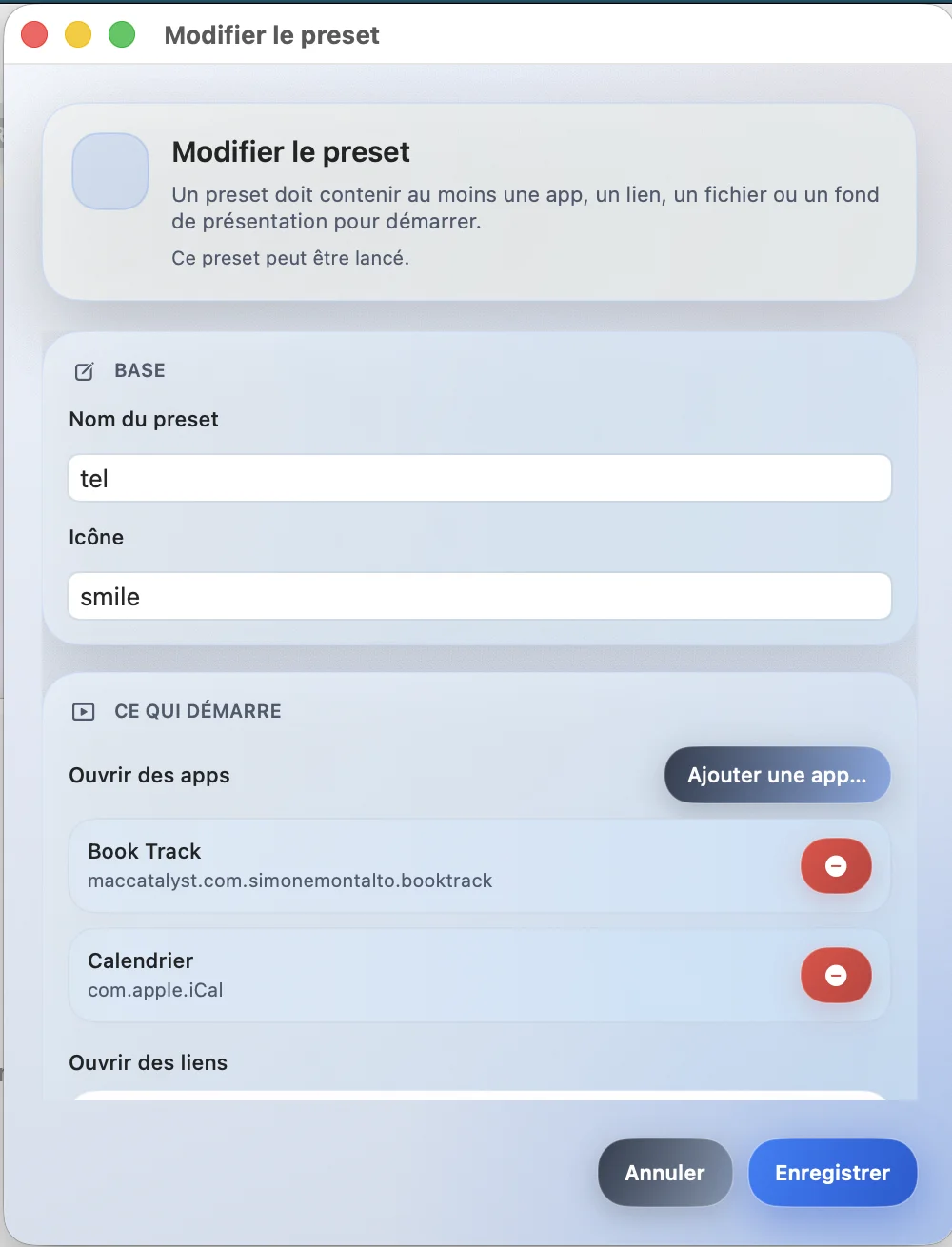 Écran de configuration d'un preset dans Meeting Mode
