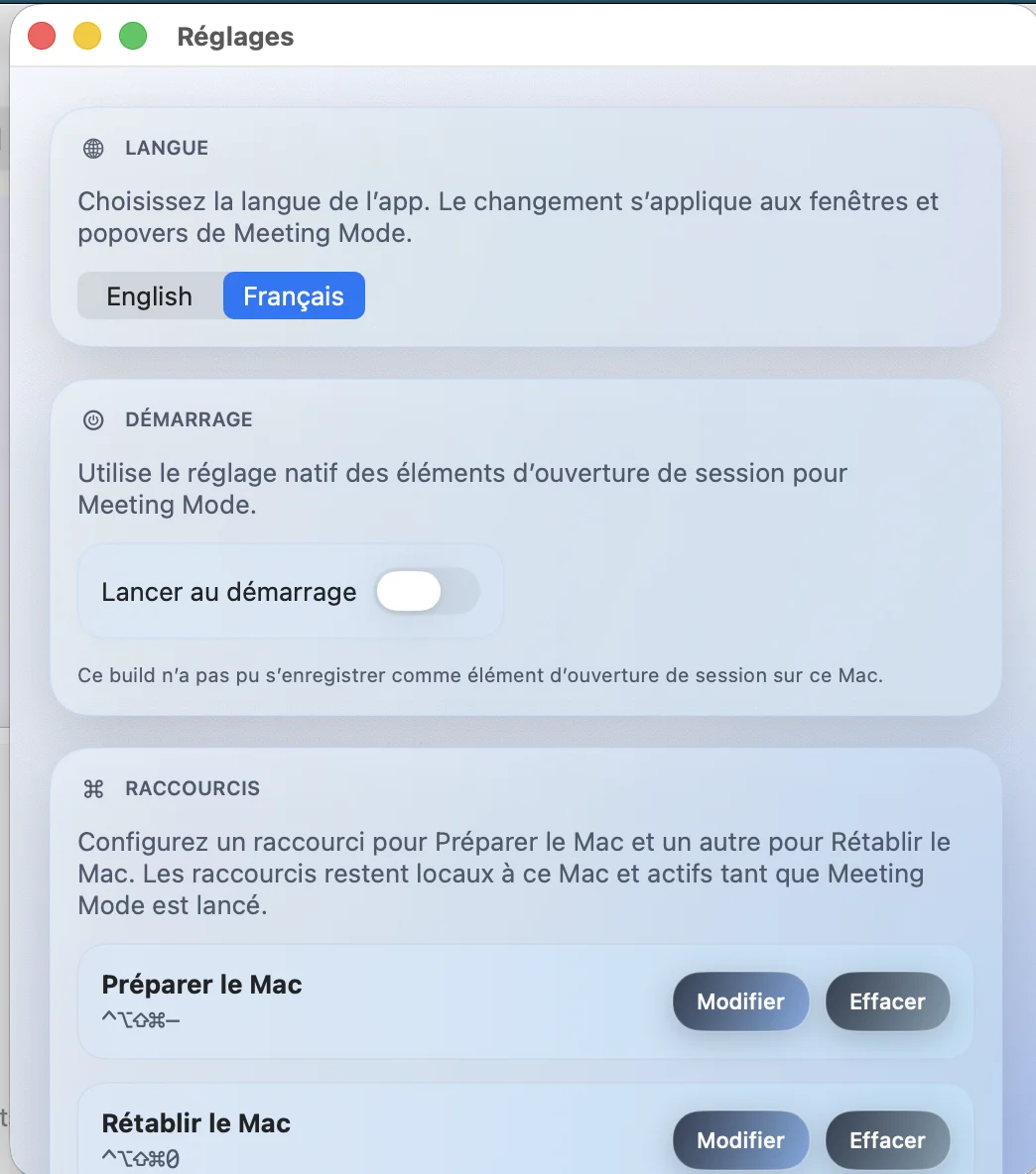 Réglages de Meeting Mode