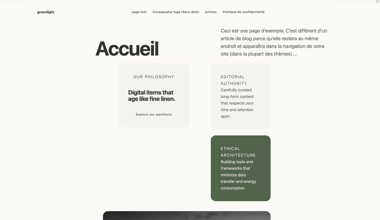 Capture de la page d’accueil Greenlight-free, base Gutenberg