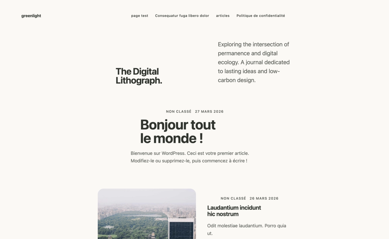 Capture de la page d’accueil Greenlight-free avec articles