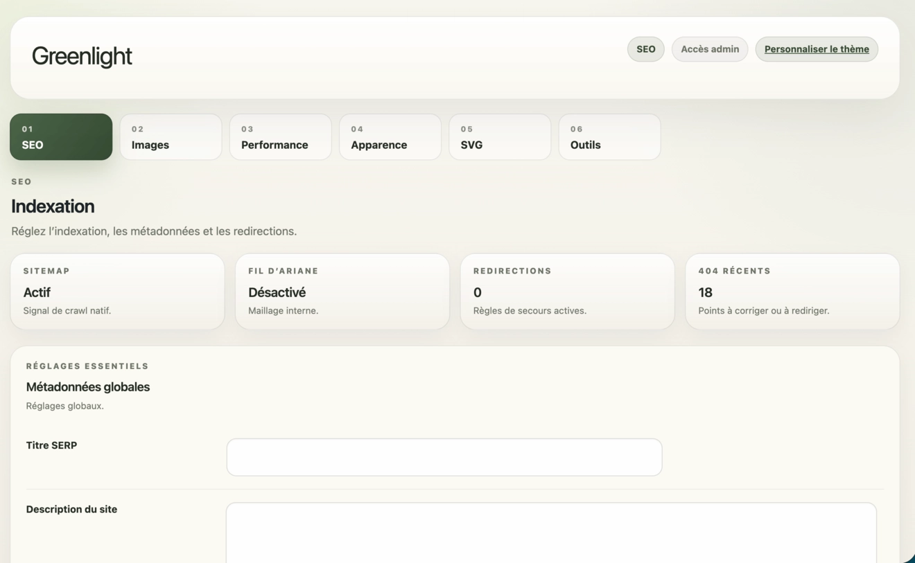 Capture de l’administration Greenlight premium