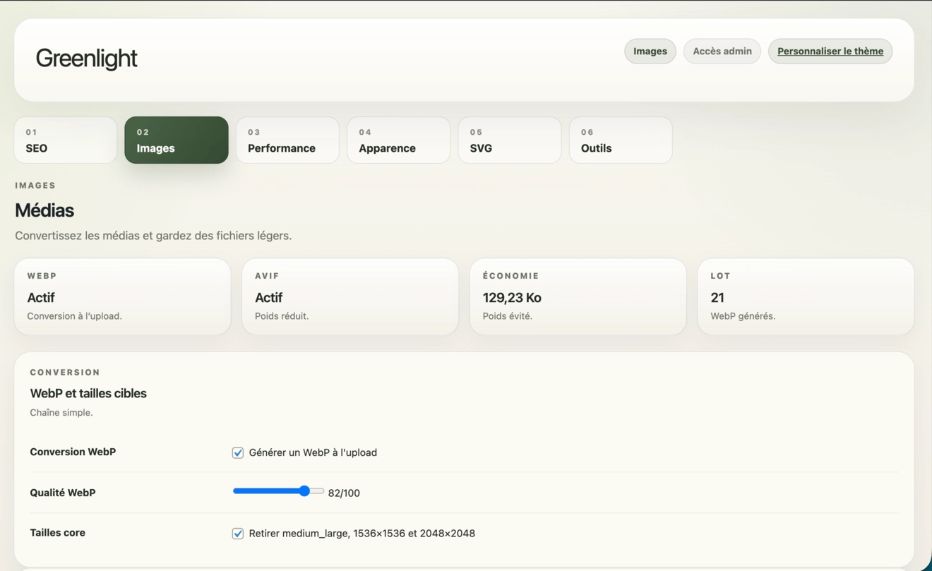 Capture de l’interface d’administration Greenlight premium