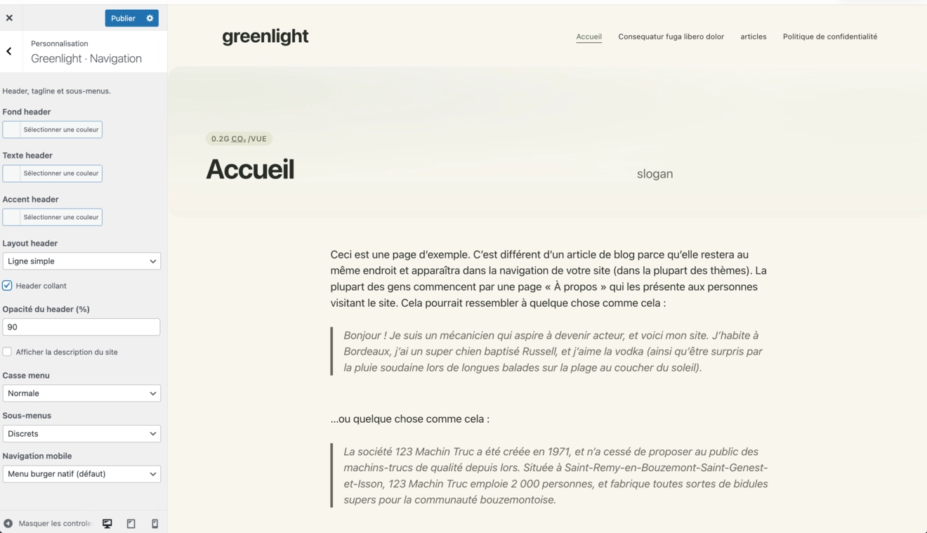 Capture de l’interface de personnalisation Greenlight premium