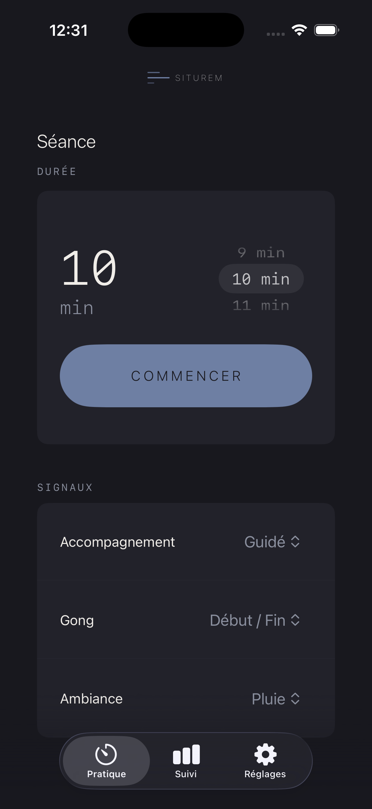 Réglages de séance dans Siturem
